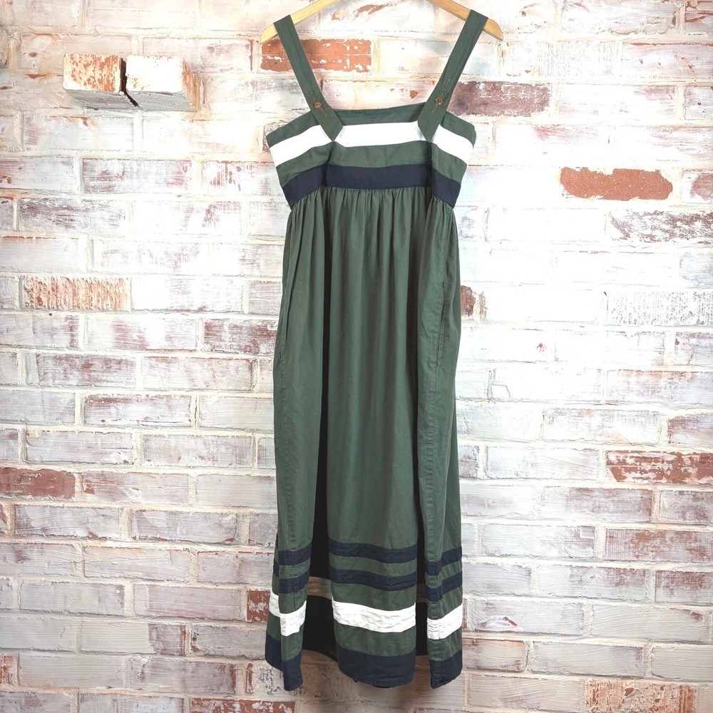 THE GREAT Horizon Dress Green Olive Stripe Cotton Tie Strap Maxi Dress Size 1 - Picture 3 of 12